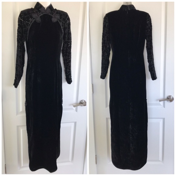 Dresses & Skirts - Black Velvet Evening Dress with High Neckline and Burnout Sheer Long Sleeves